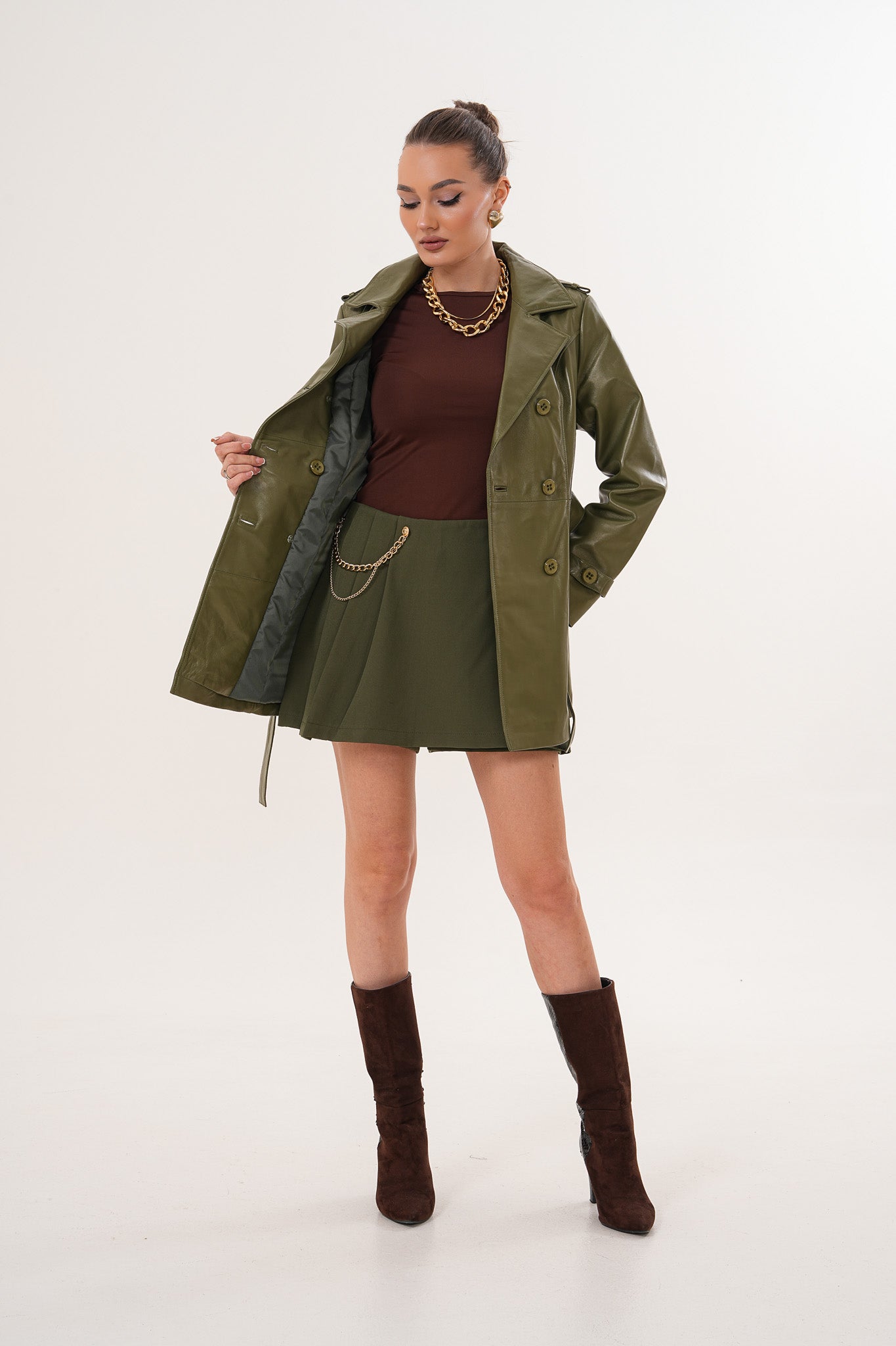 معطف ترنش نسائي من جلد Caelith باللون الأخضر الزيتوني
