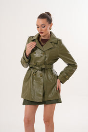 معطف ترنش نسائي من جلد Caelith باللون الأخضر الزيتوني