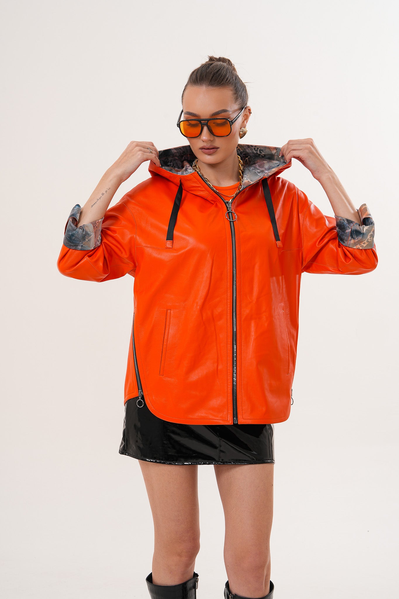 The Nyxara Reversible Hooded Orange Leather Jacket