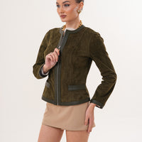 Nyvessa جاكيت جلدي قابل للعكس للنساء – أخضر زيتي