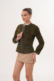 Nyvessa جاكيت جلدي قابل للعكس للنساء – أخضر زيتي