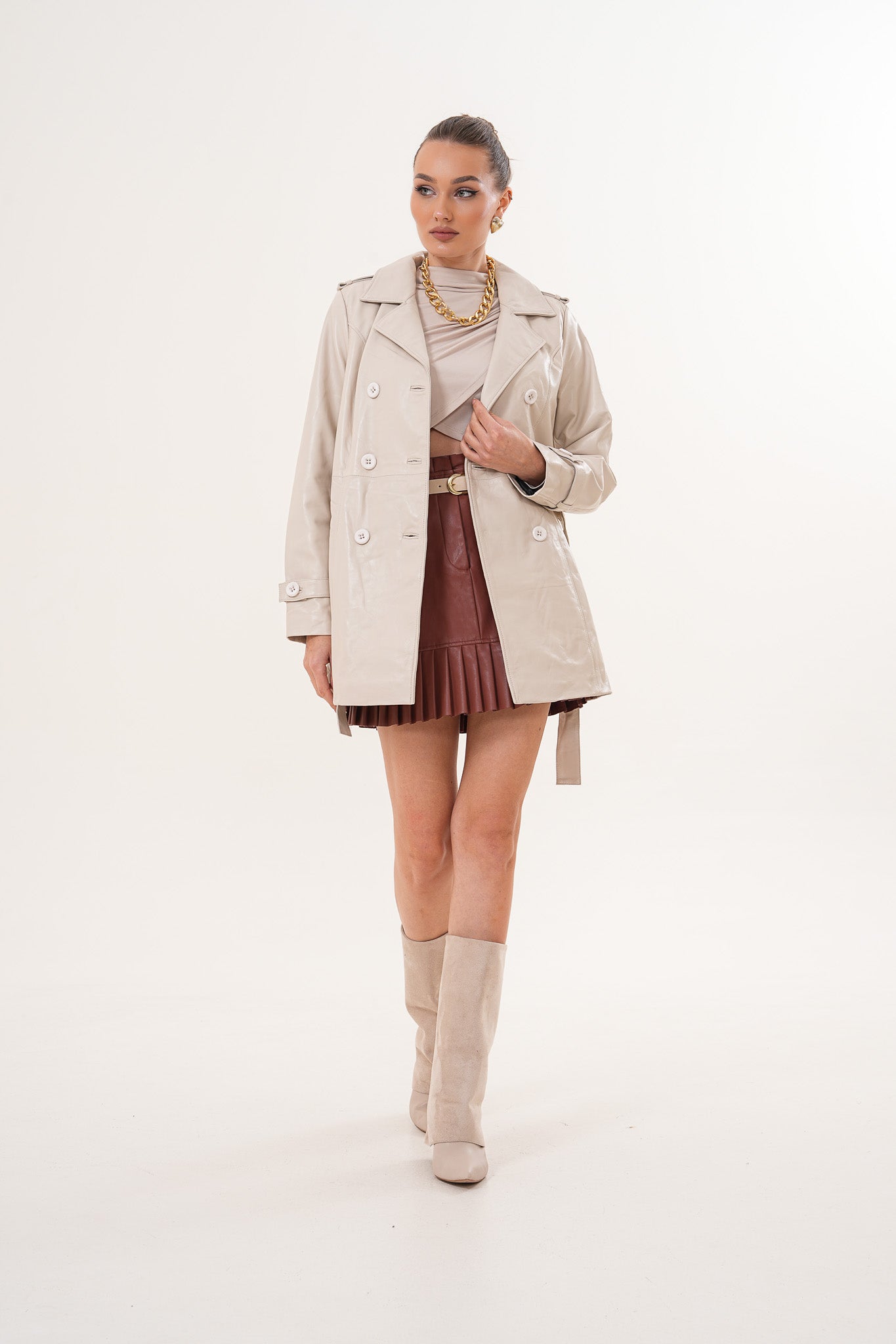 جاكيت ترنش نسائي من الجلد باللون البيج الفاتح Caelith