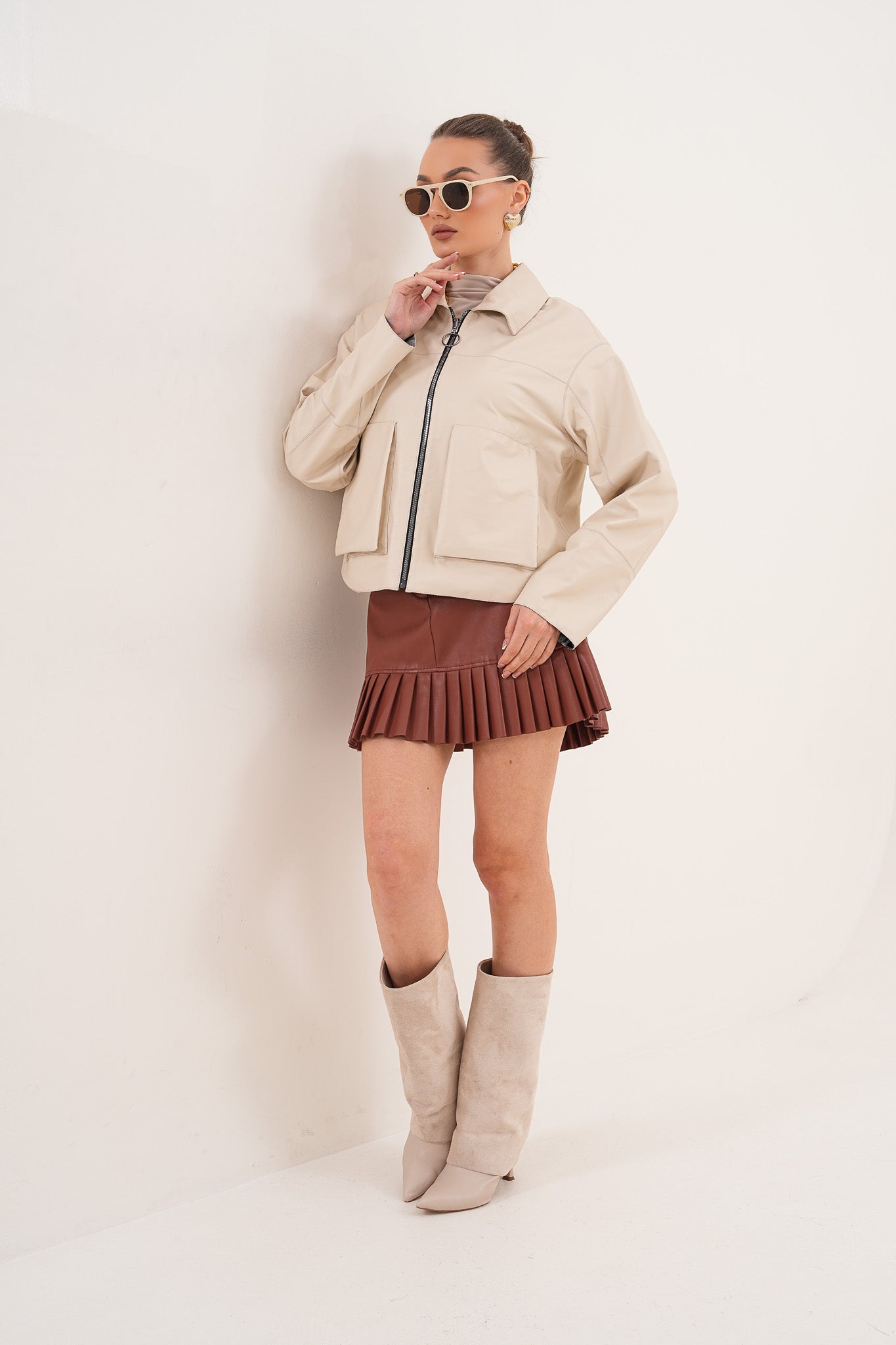 The Elvoria Reversible Beige Leather Jacket
