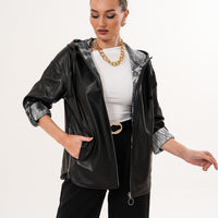 The Nyxara Reversible Hooded Black Leather Jacket