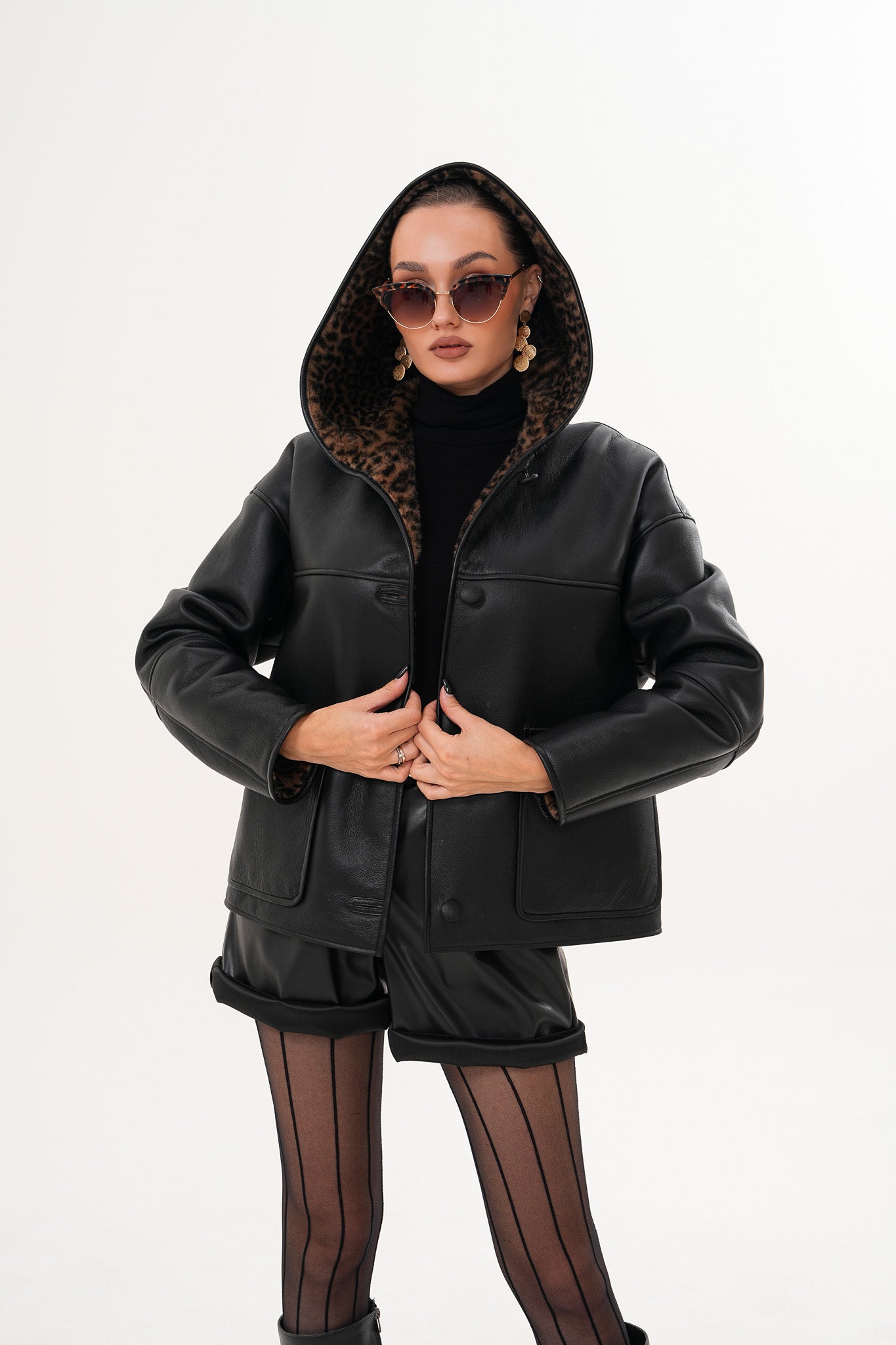 The Arlena Black &amp; Leopard Shearling Leather Women Jacket