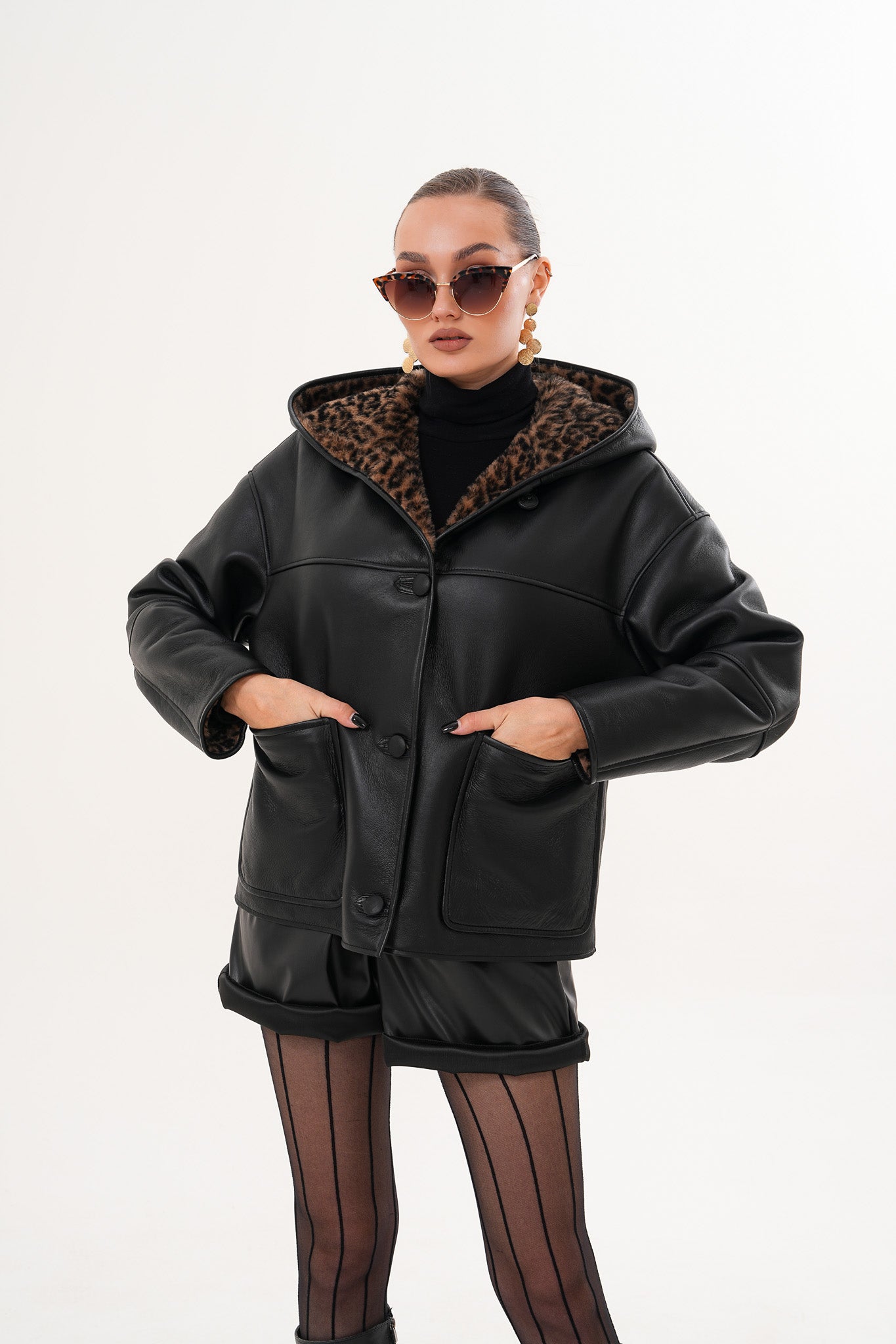 The Arlena Black &amp; Leopard Shearling Leather Women Jacket