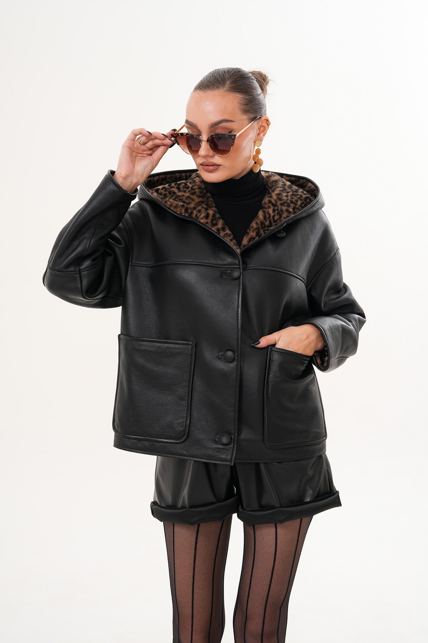 The Arlena Black &amp; Leopard Shearling Leather Women Jacket