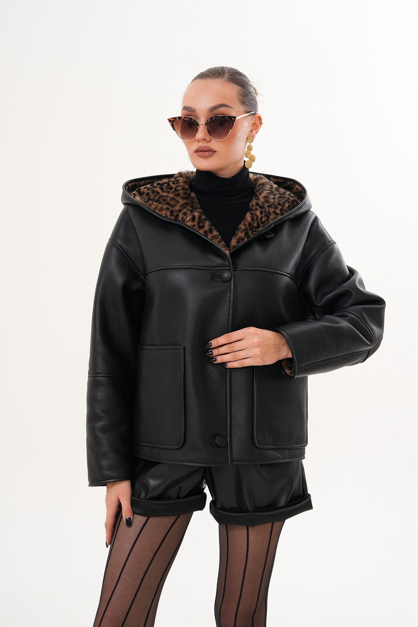 The Arlena Black &amp; Leopard Shearling Leather Women Jacket