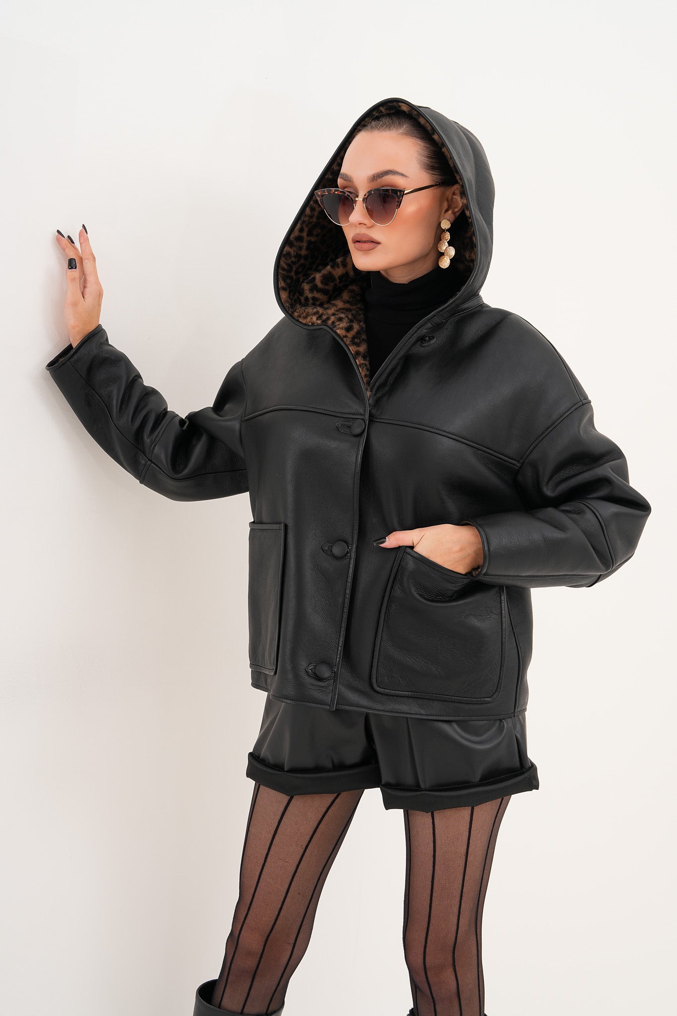 The Arlena Black &amp; Leopard Shearling Leather Women Jacket