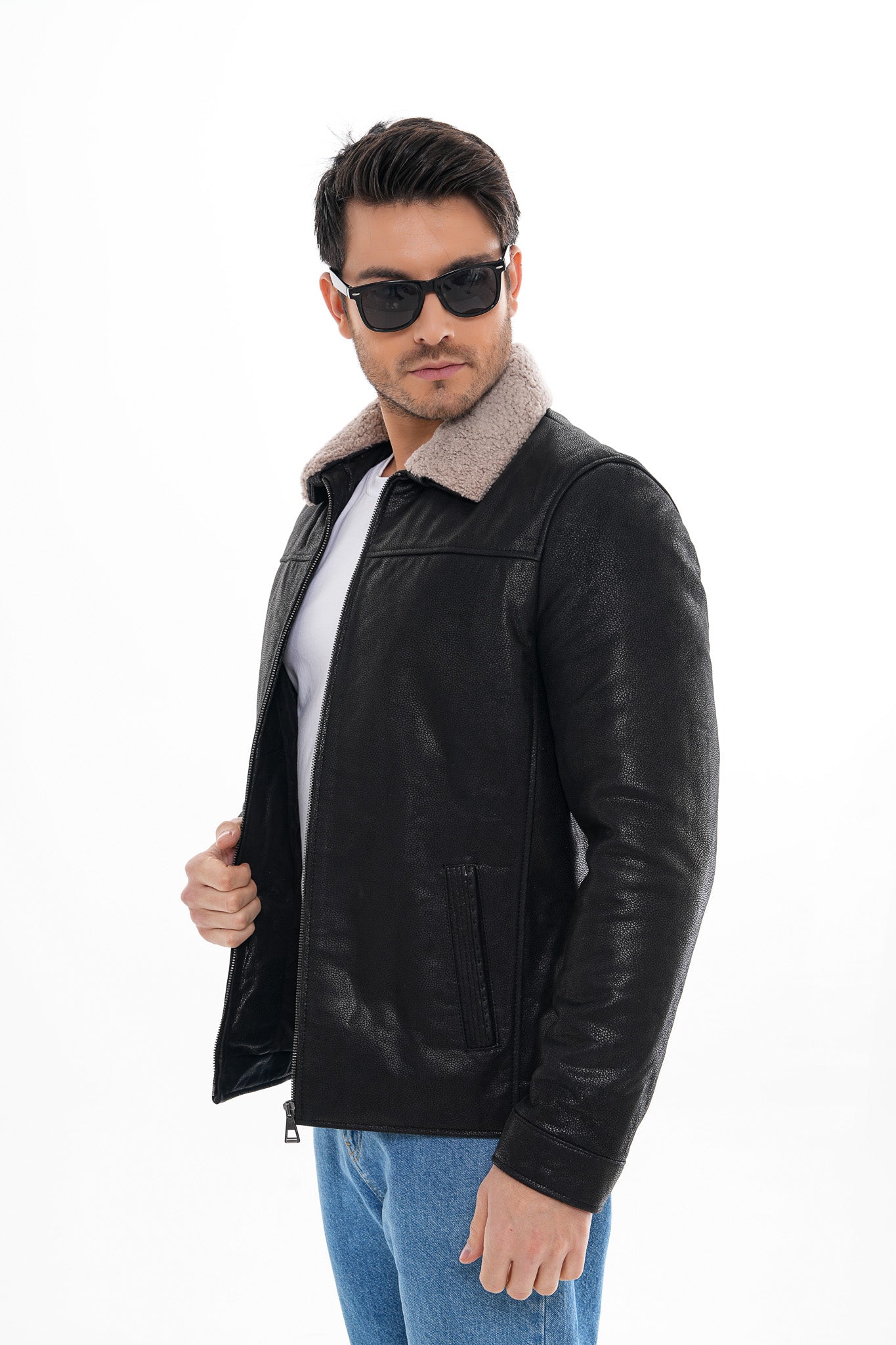 The Sarnico Black Shearling Collar Leather Jacket