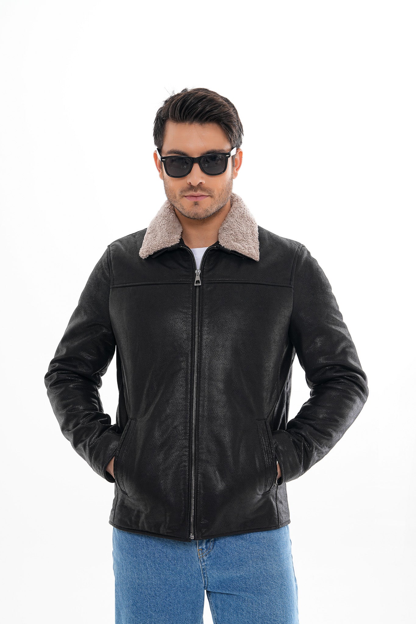 The Sarnico Black Shearling Collar Leather Jacket