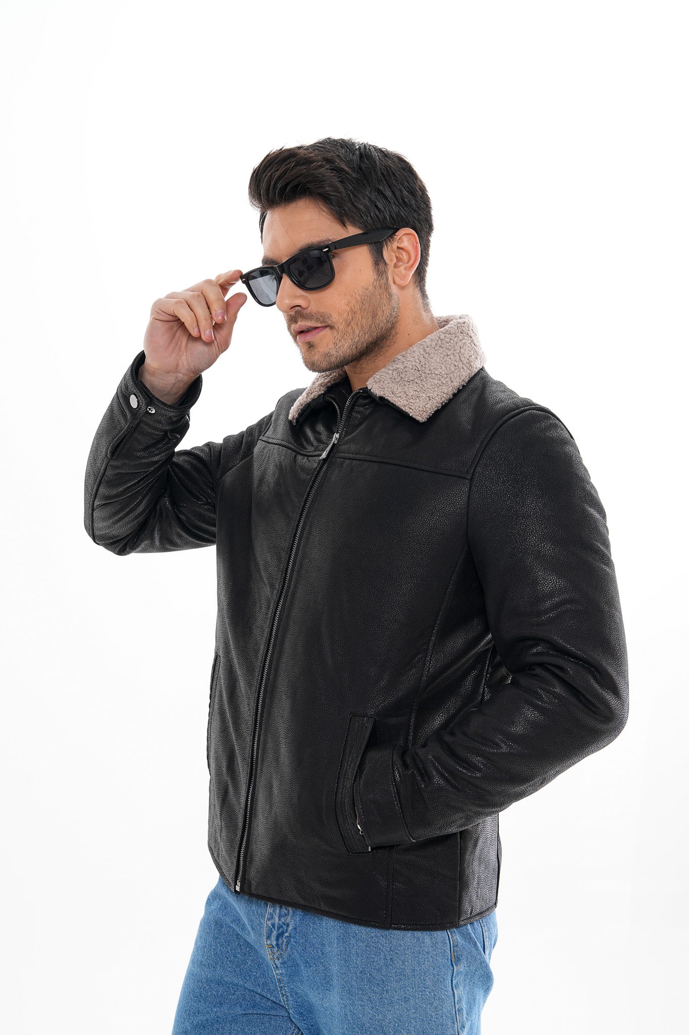 The Sarnico Black Shearling Collar Leather Jacket