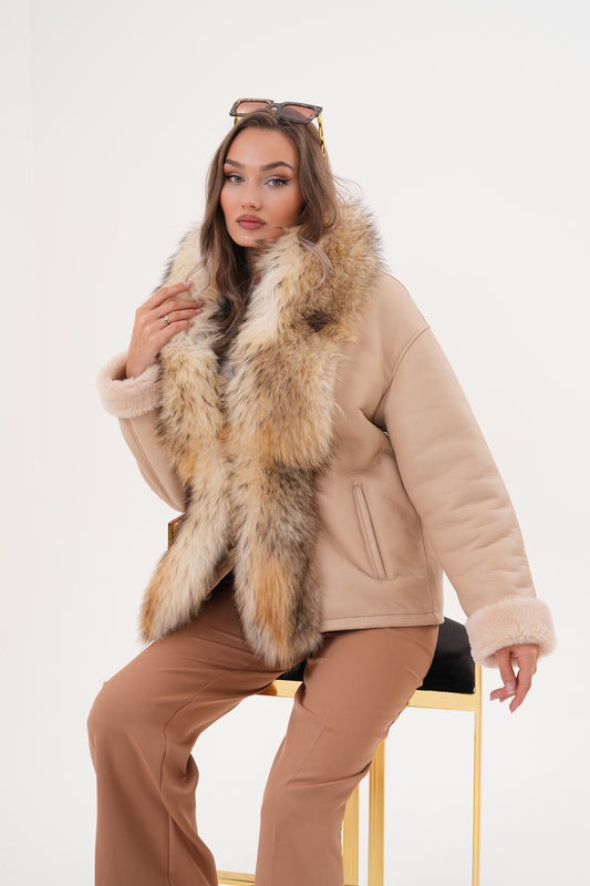 The Elise Beige Shearling Leather Women Jacket