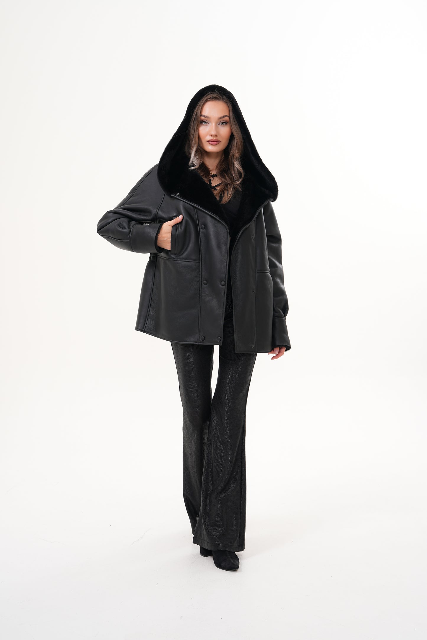The Denali Hooded Black Shearling Leather Women Jacket