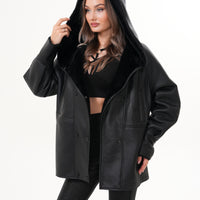 The Denali Hooded Black Shearling Leather Women Jacket