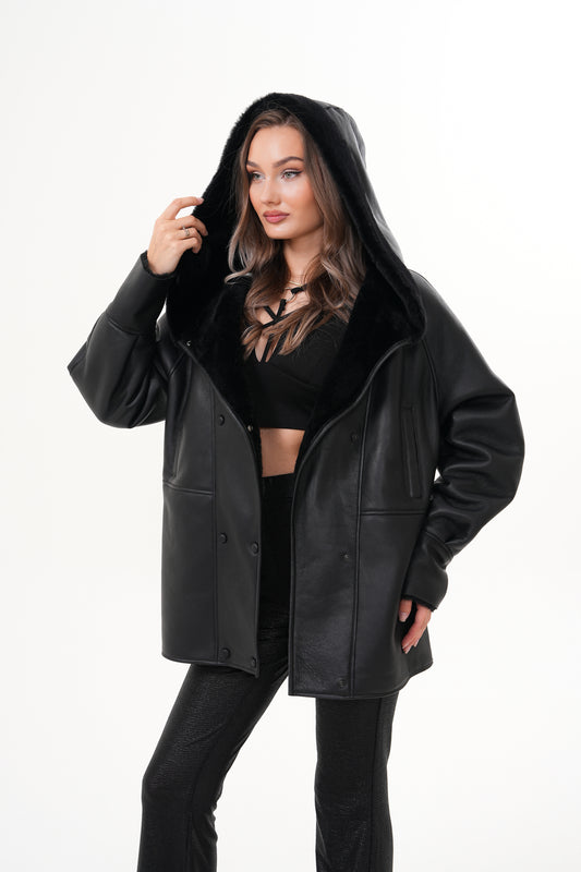 The Denali Hooded Black Shearling Leather Women Jacket