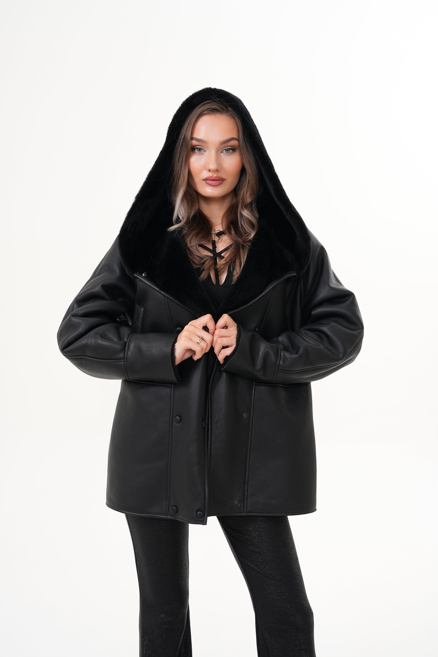 The Denali Hooded Black Shearling Leather Women Jacket