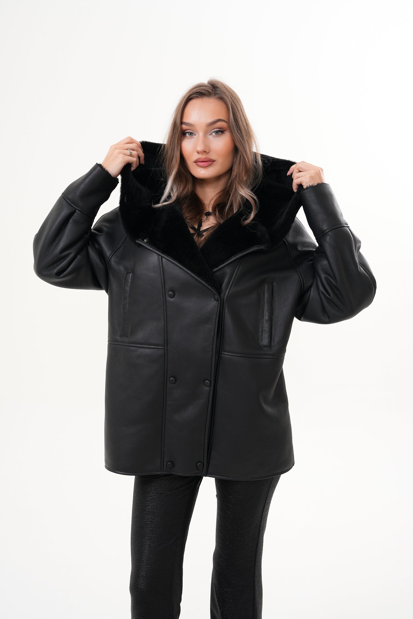 The Denali Hooded Black Shearling Leather Women Jacket