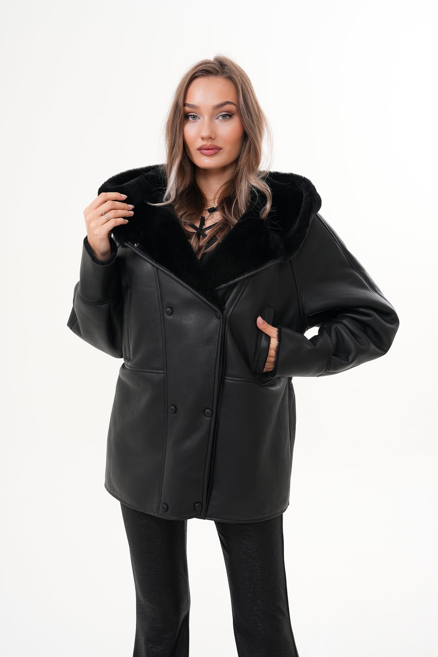 The Denali Hooded Black Shearling Leather Women Jacket