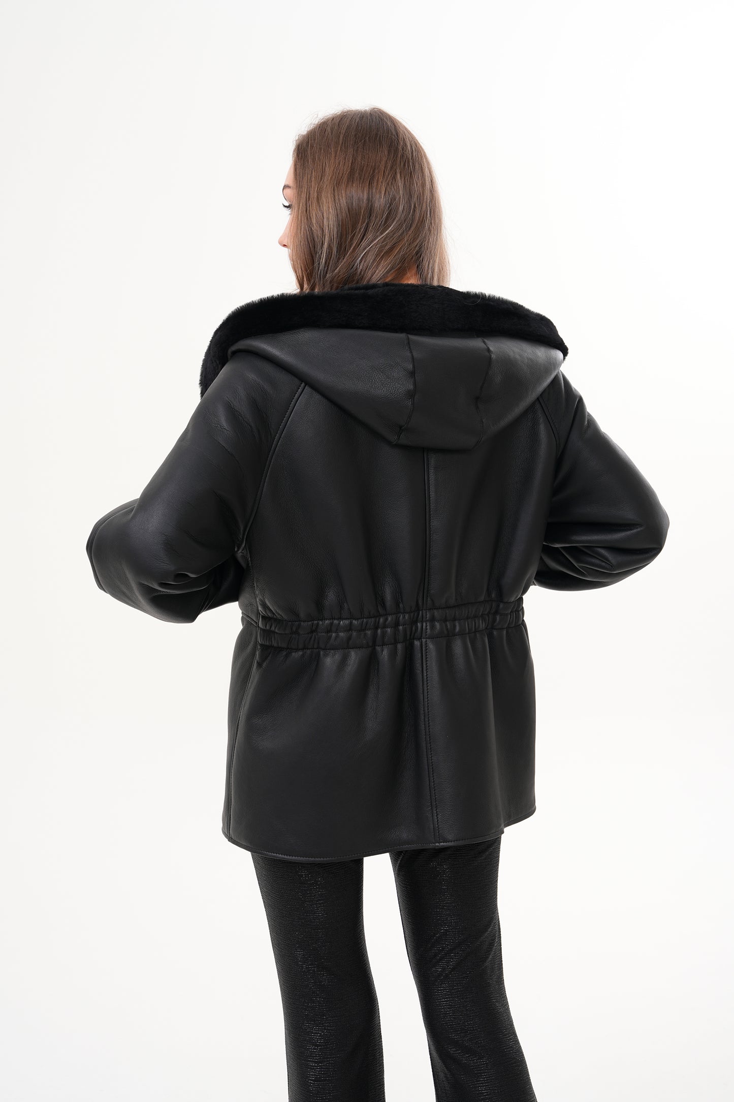 The Denali Hooded Black Shearling Leather Women Jacket