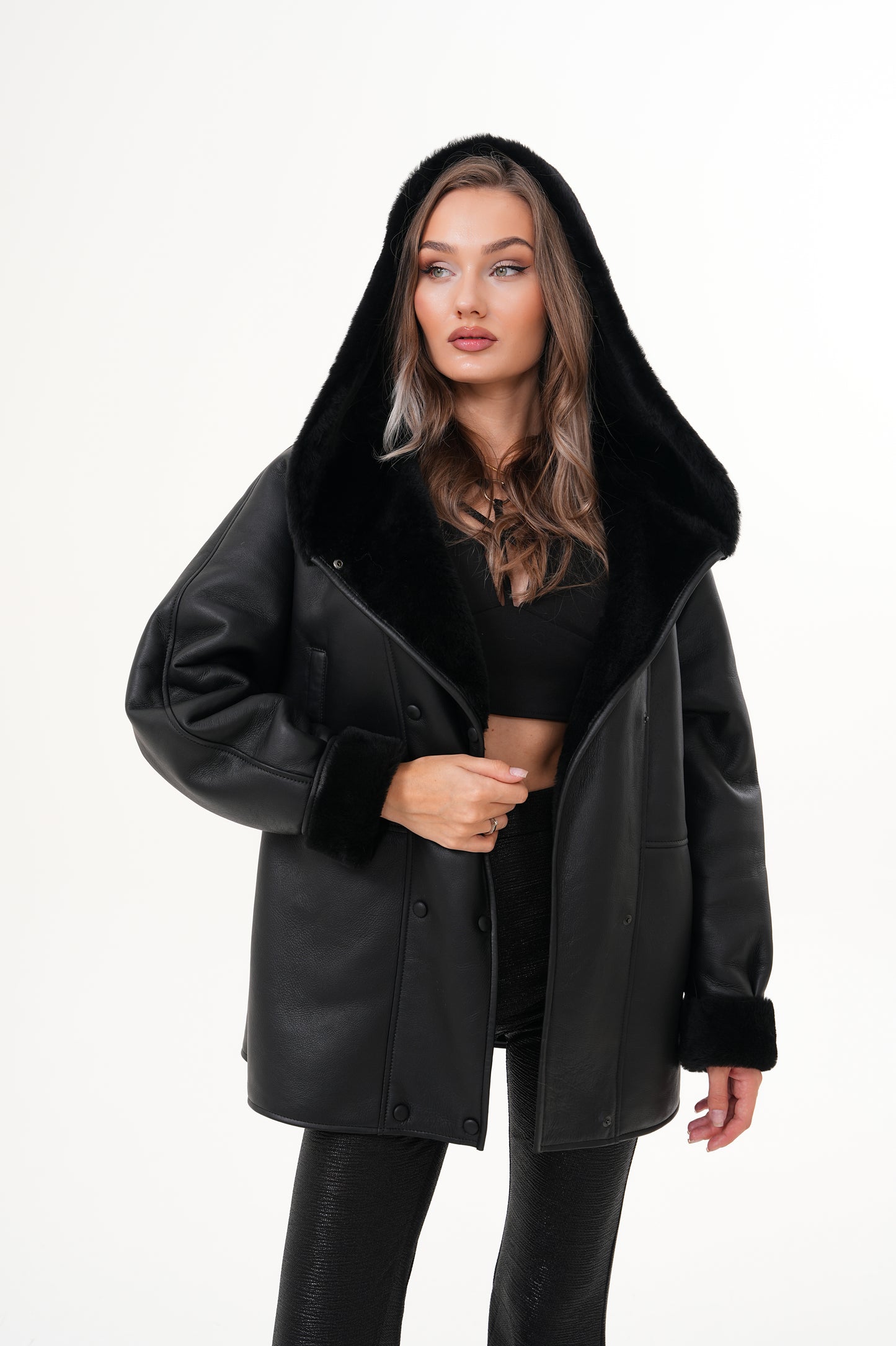 The Denali Hooded Black Shearling Leather Women Jacket