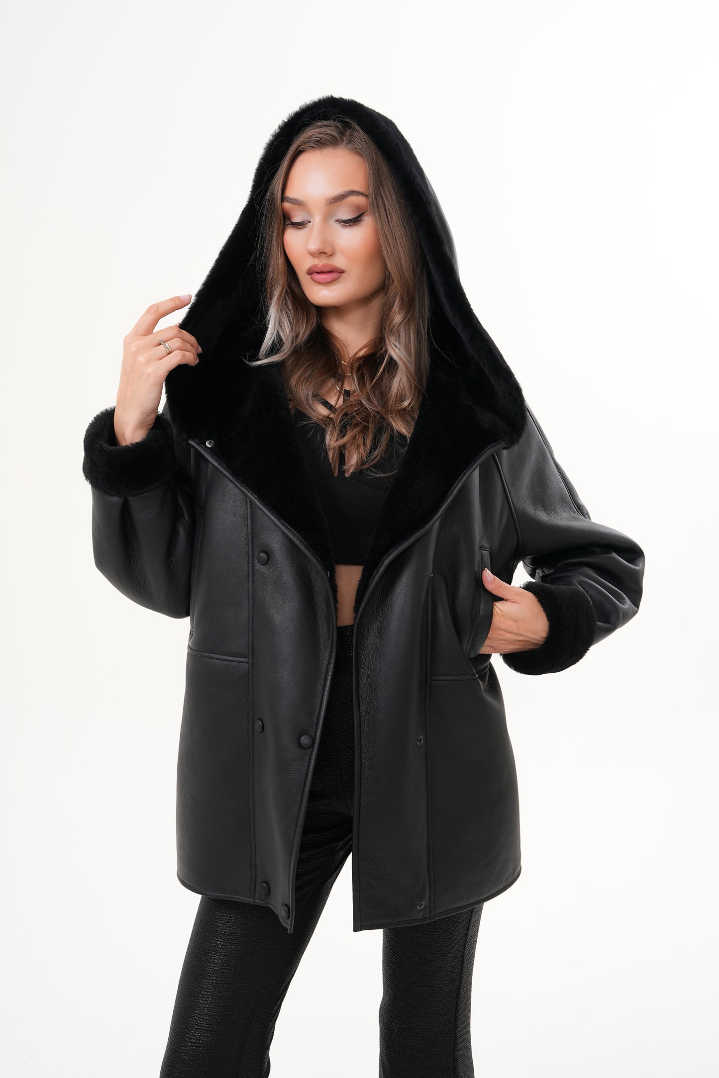 The Denali Hooded Black Shearling Leather Women Jacket