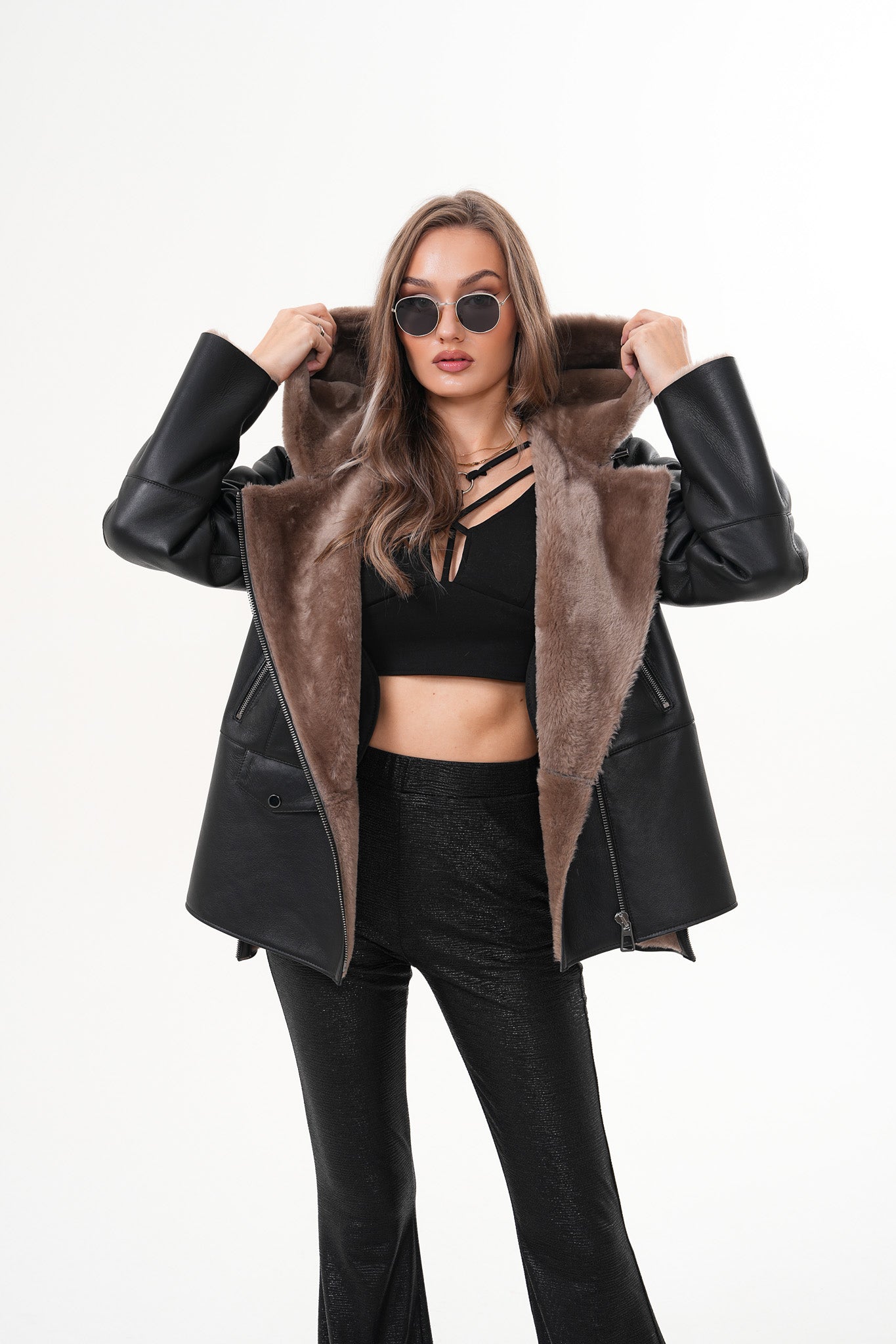 The Duchess Shearling Brown Leather Women Hooded Jacket