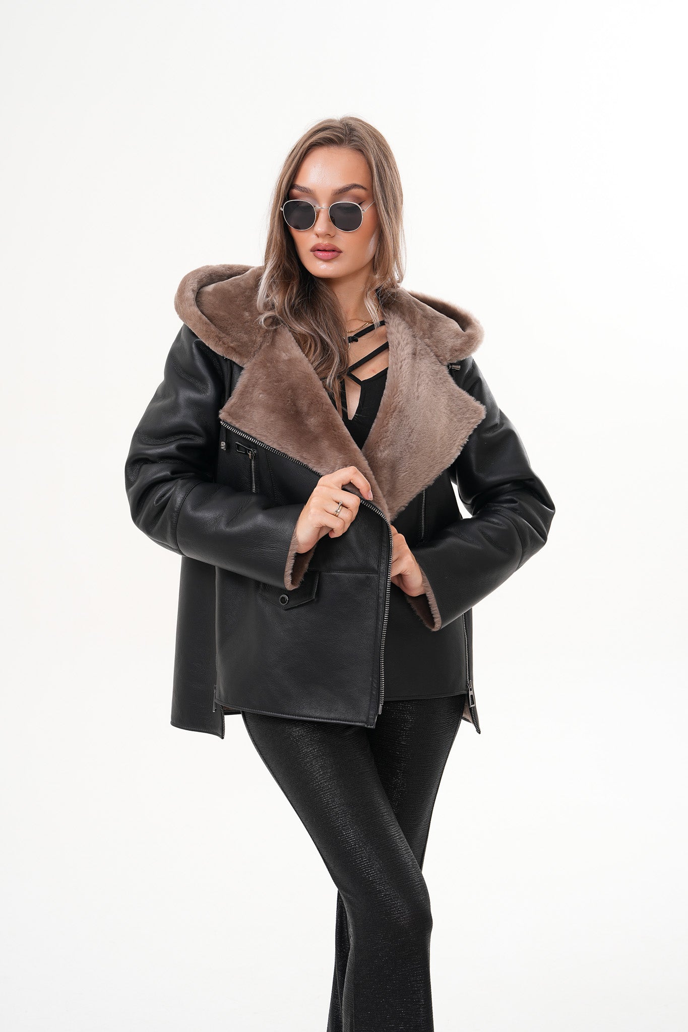 The Duchess Shearling Brown Leather Women Hooded Jacket