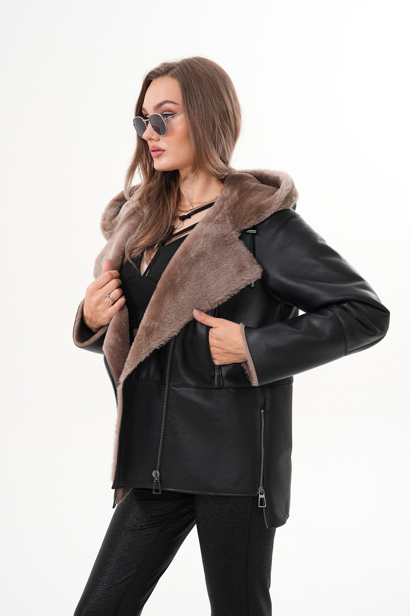 The Duchess Shearling Brown Leather Women Hooded Jacket