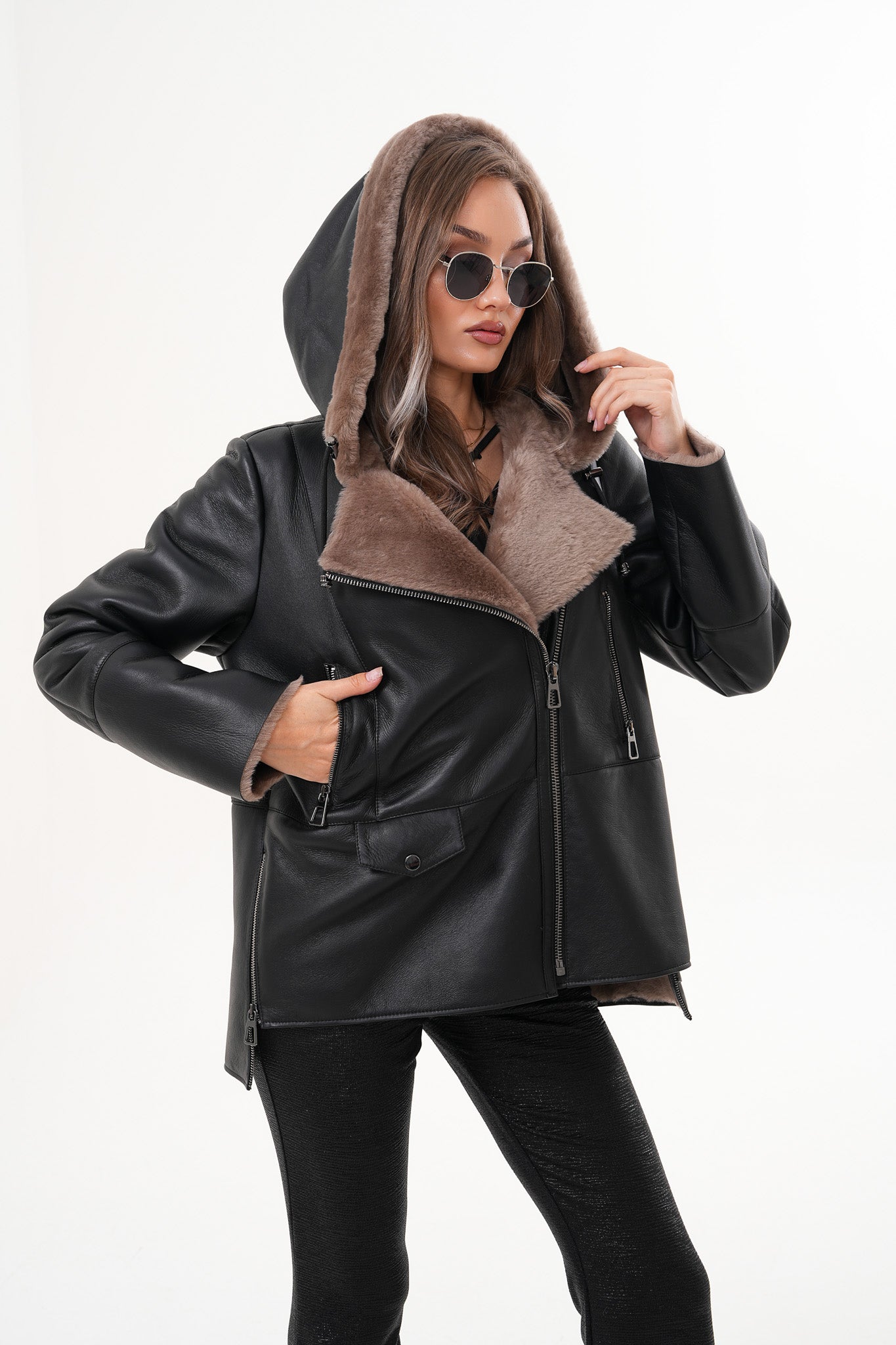 The Duchess Shearling Brown Leather Women Hooded Jacket