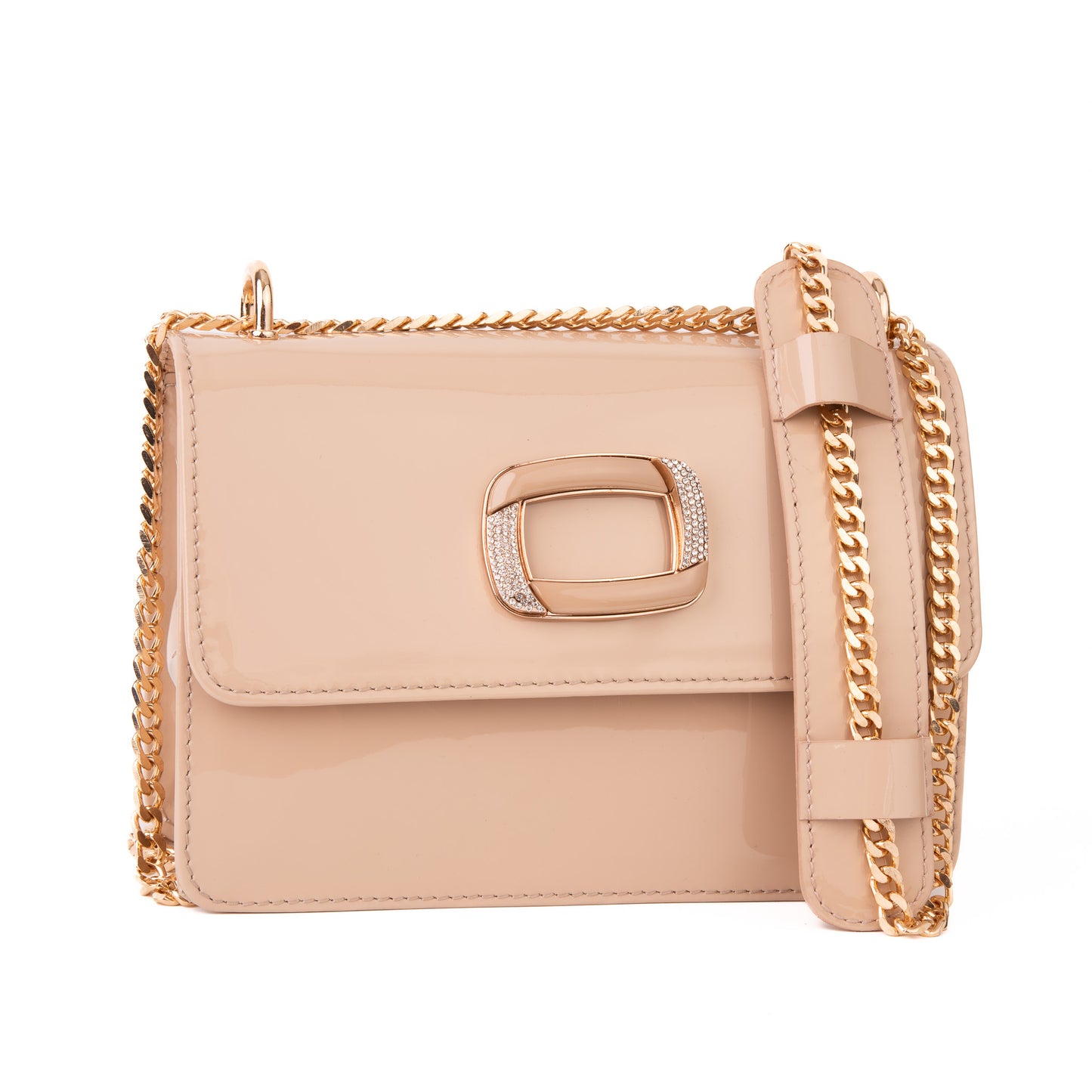 El bolso de mano de piel de charol color crema de Ferrara