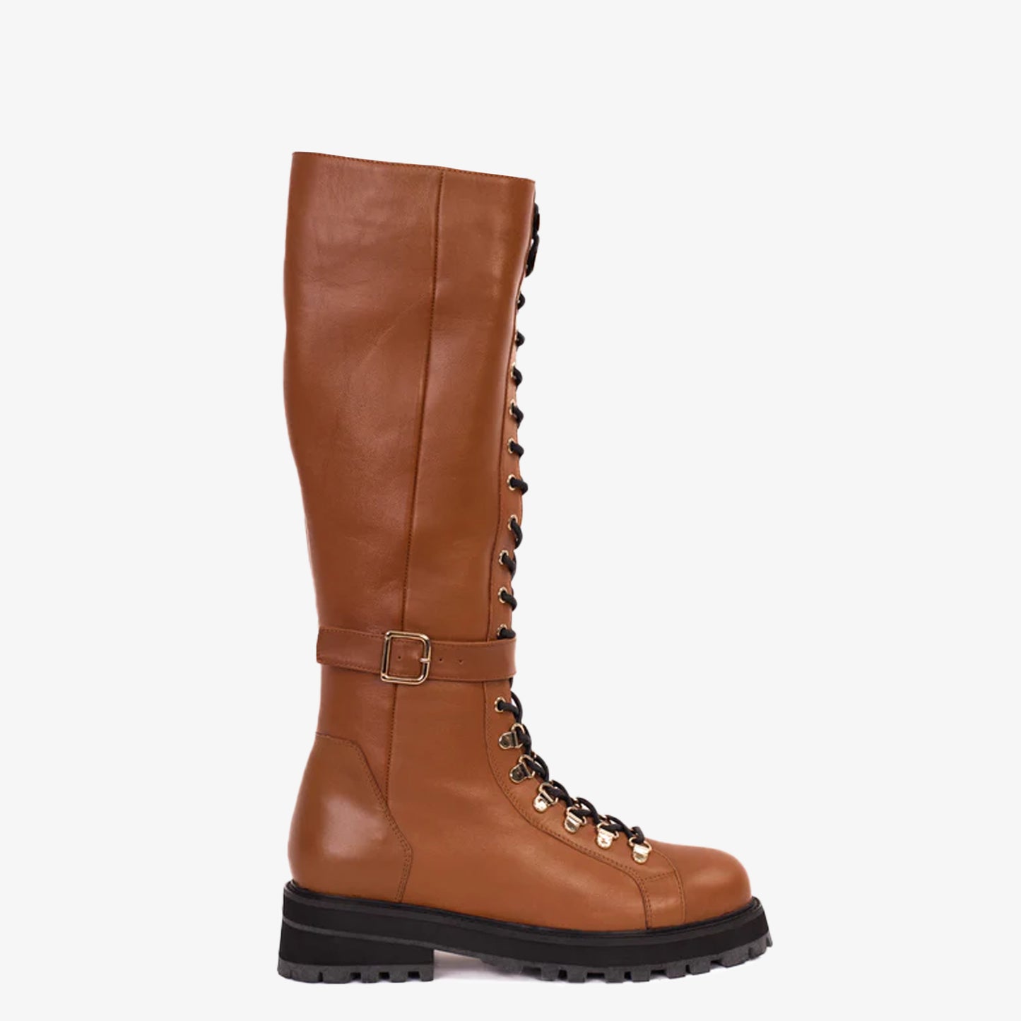 Bota hasta la rodilla con cordones de cuero color tostado de Istinye para mujer, edición limitada