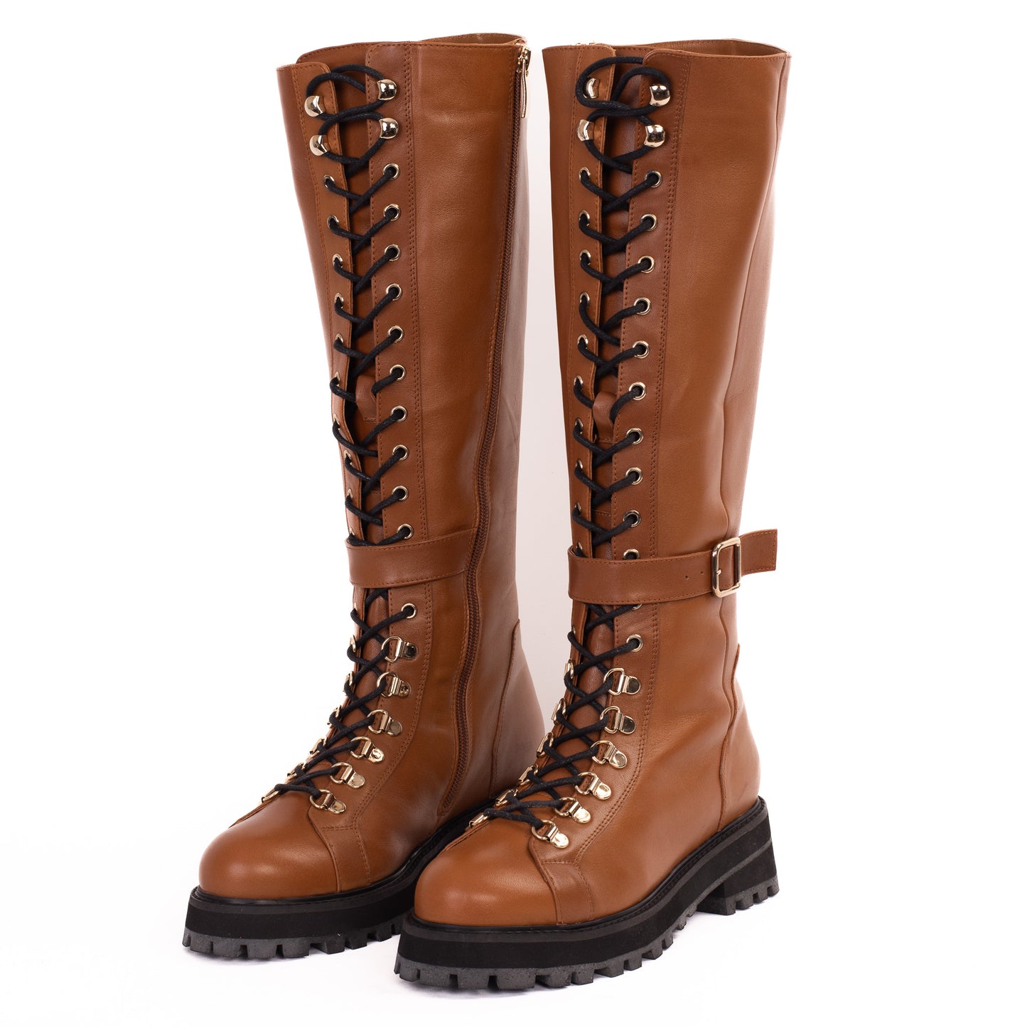 Bota hasta la rodilla con cordones de cuero color tostado de Istinye para mujer, edición limitada