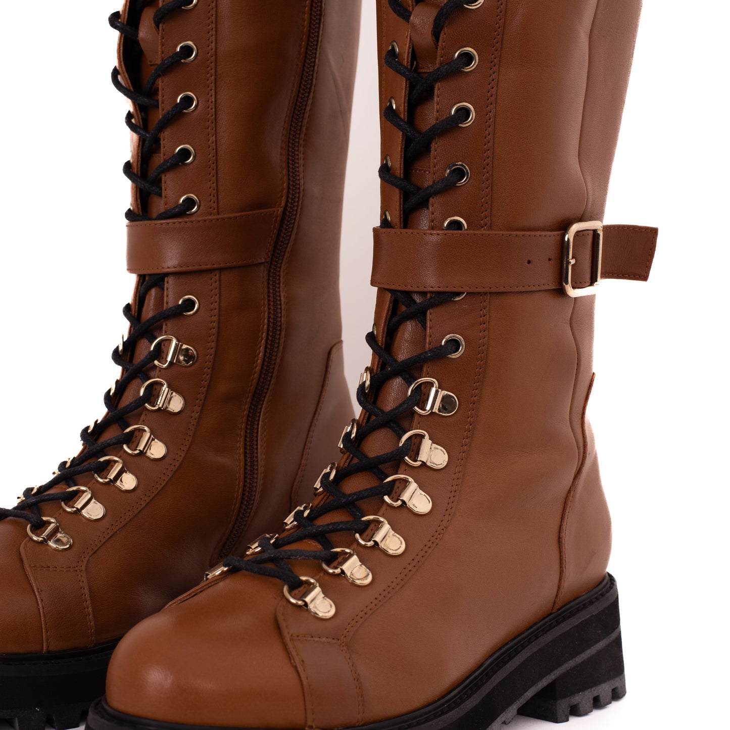 Bota hasta la rodilla con cordones de cuero color tostado de Istinye para mujer, edición limitada