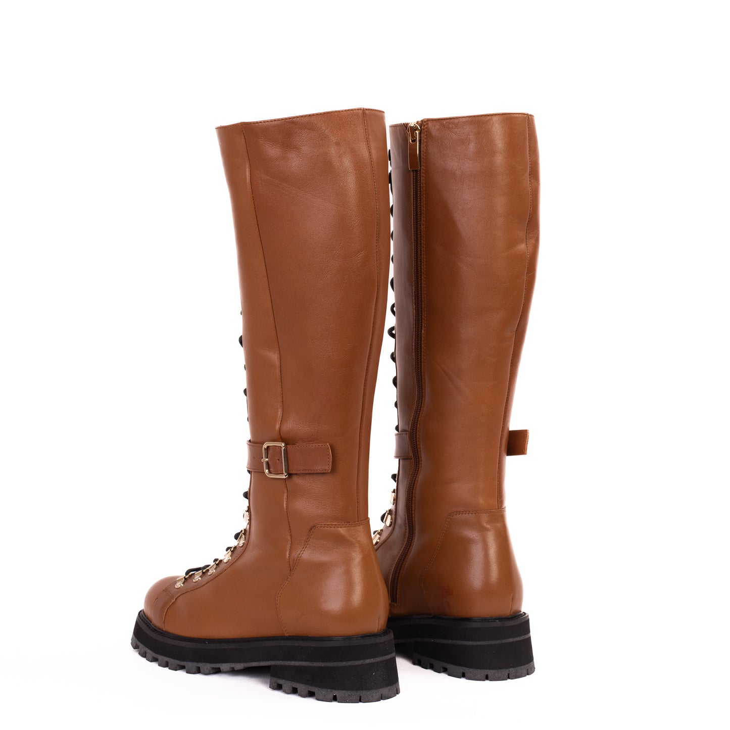 Bota hasta la rodilla con cordones de cuero color tostado de Istinye para mujer, edición limitada