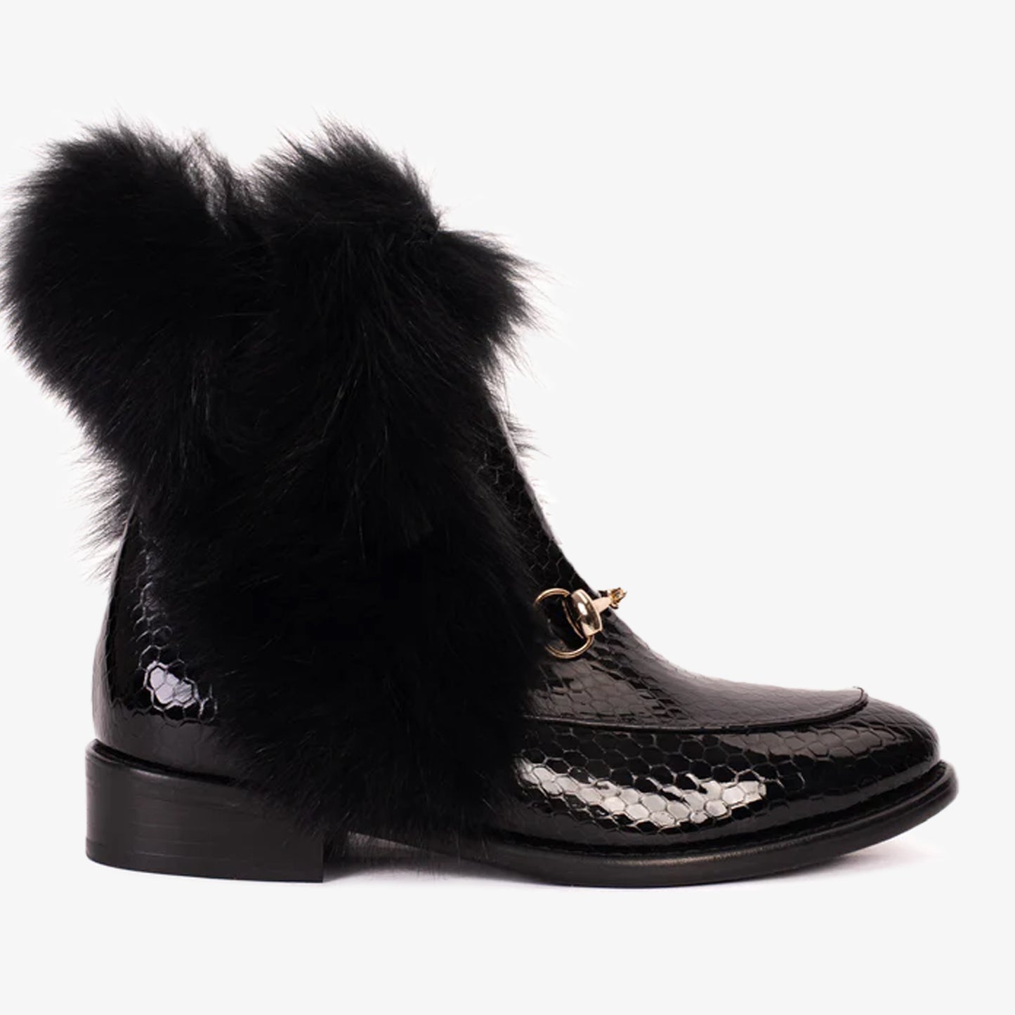 The Izmir Black Patent Leather Natural Fur Mid Calf Women  Boot