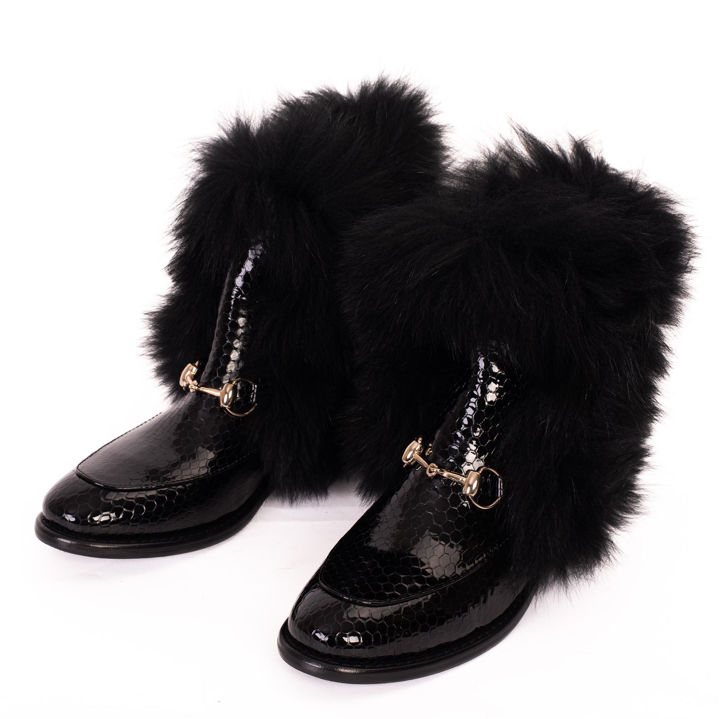 Bota de mujer de media pantorrilla de piel natural y charol negro Izmir