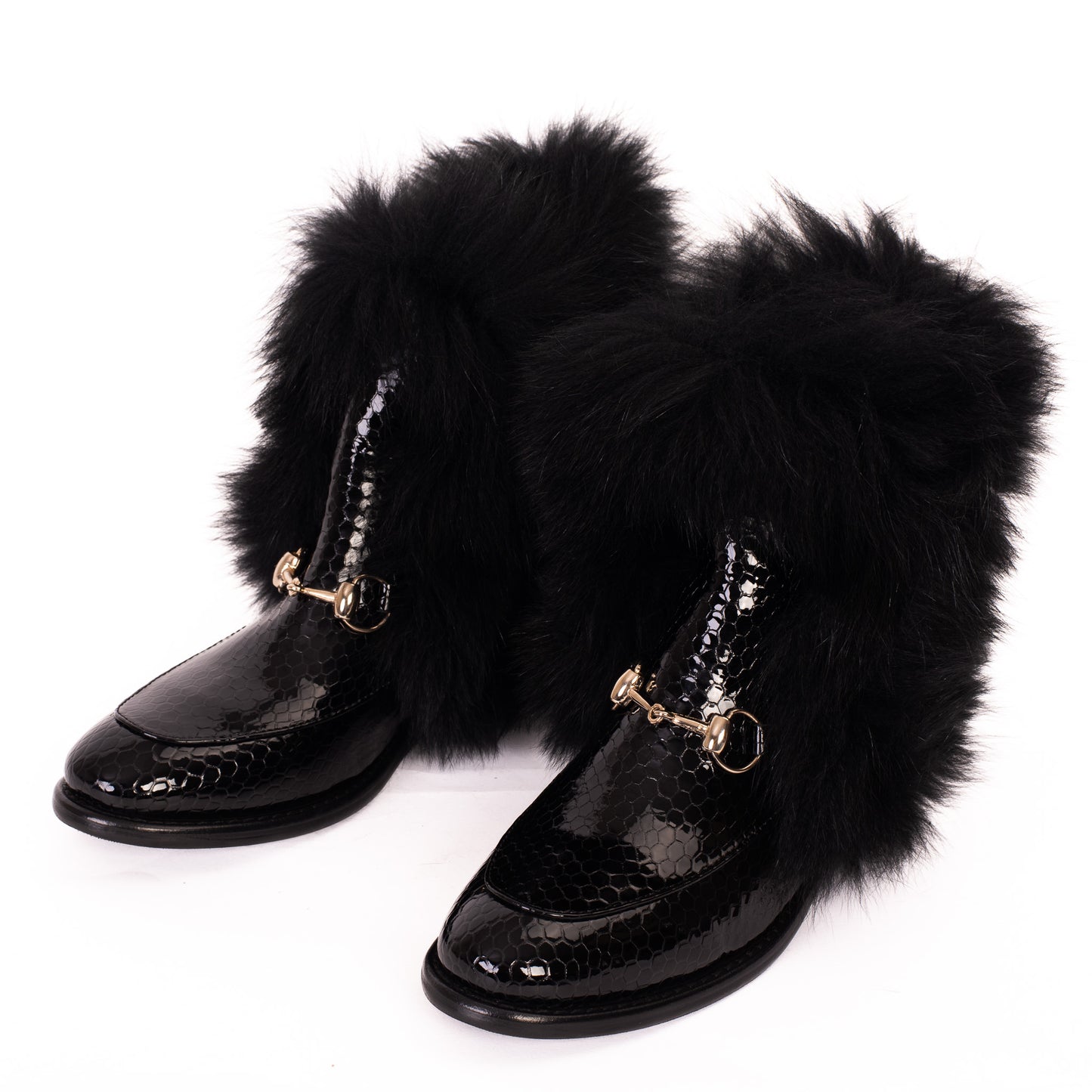 The Izmir Black Patent Leather Natural Fur Mid Calf Women  Boot