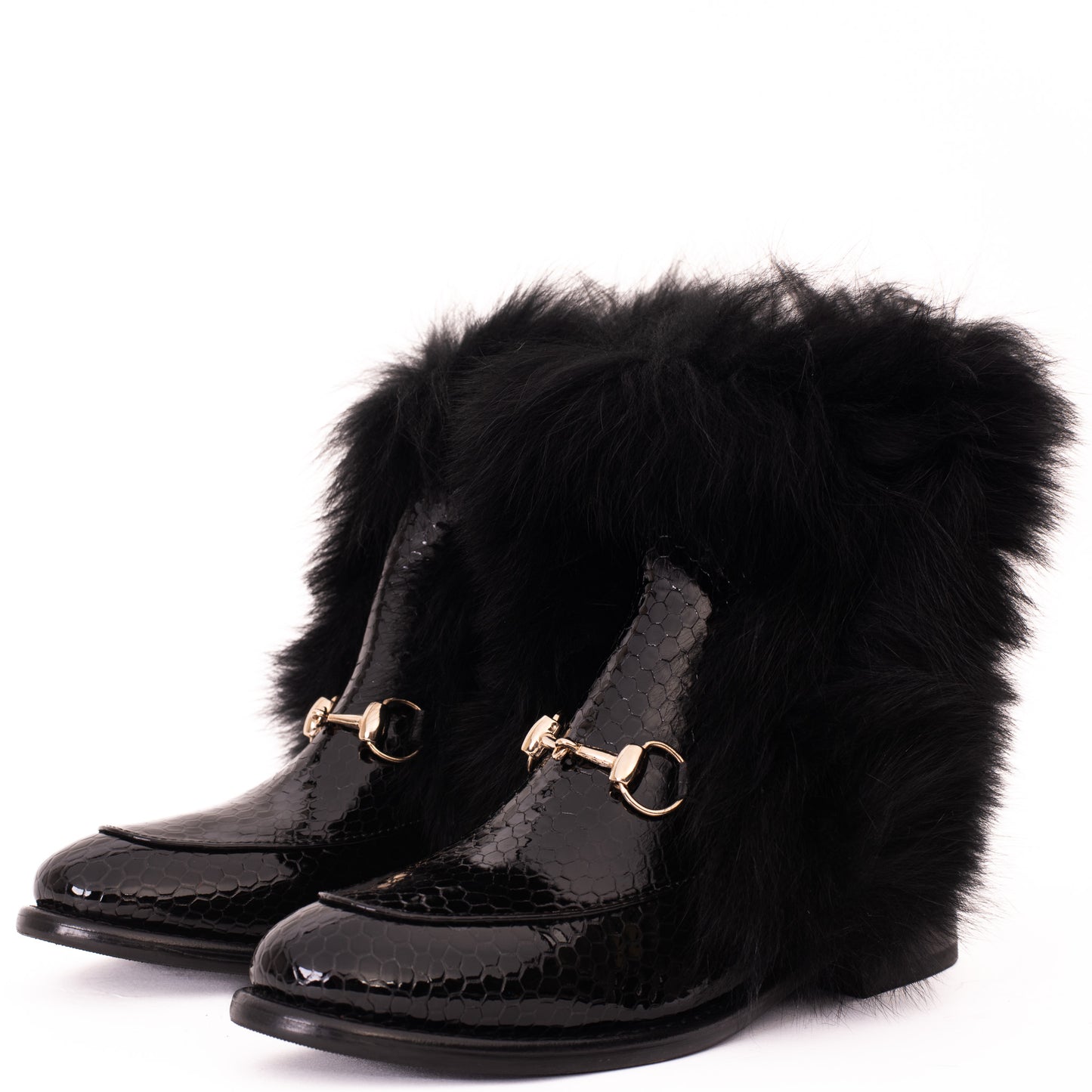 The Izmir Black Patent Leather Natural Fur Mid Calf Women  Boot