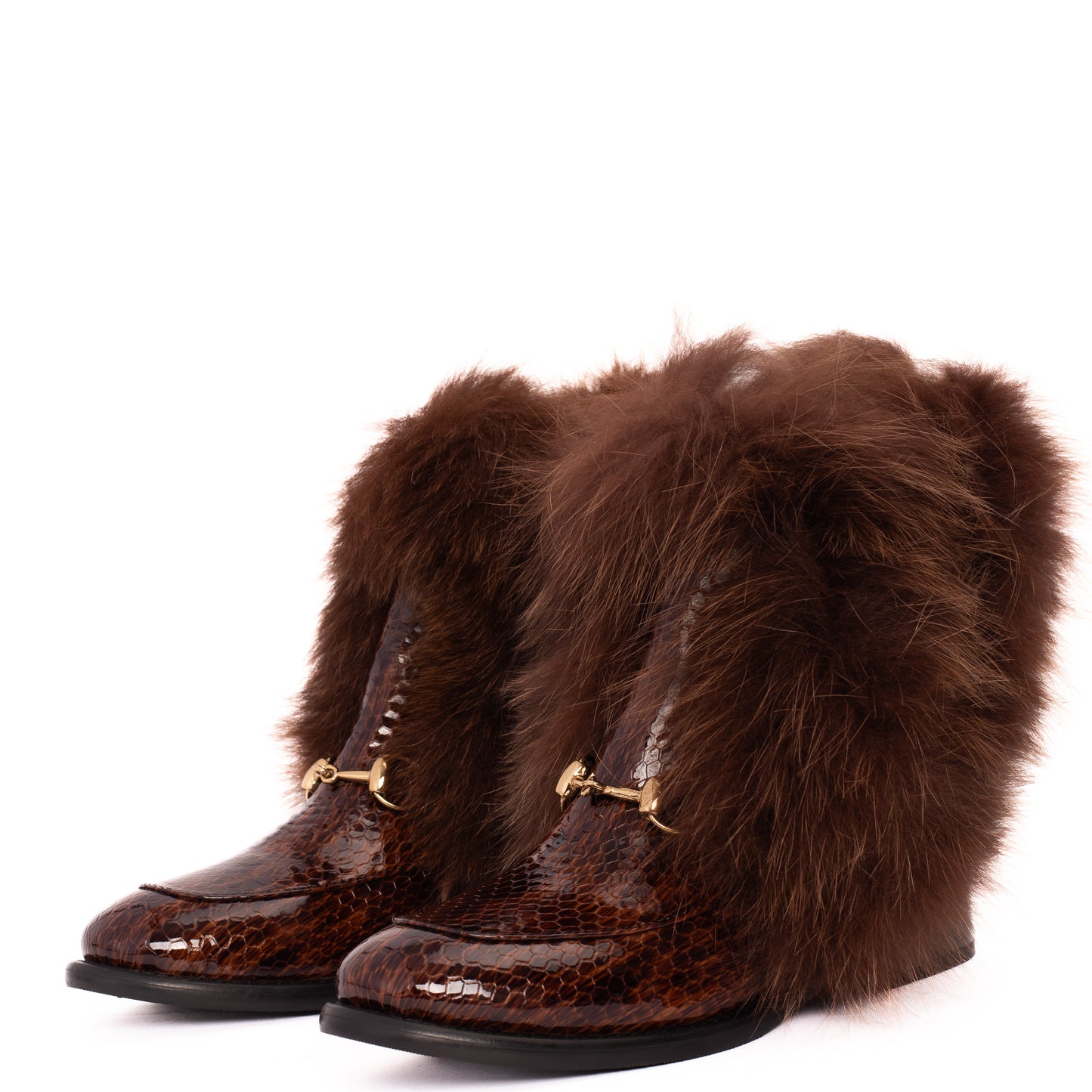 The Izmir Brown Patent Leather Natural Fur Mid Calf Women Boot