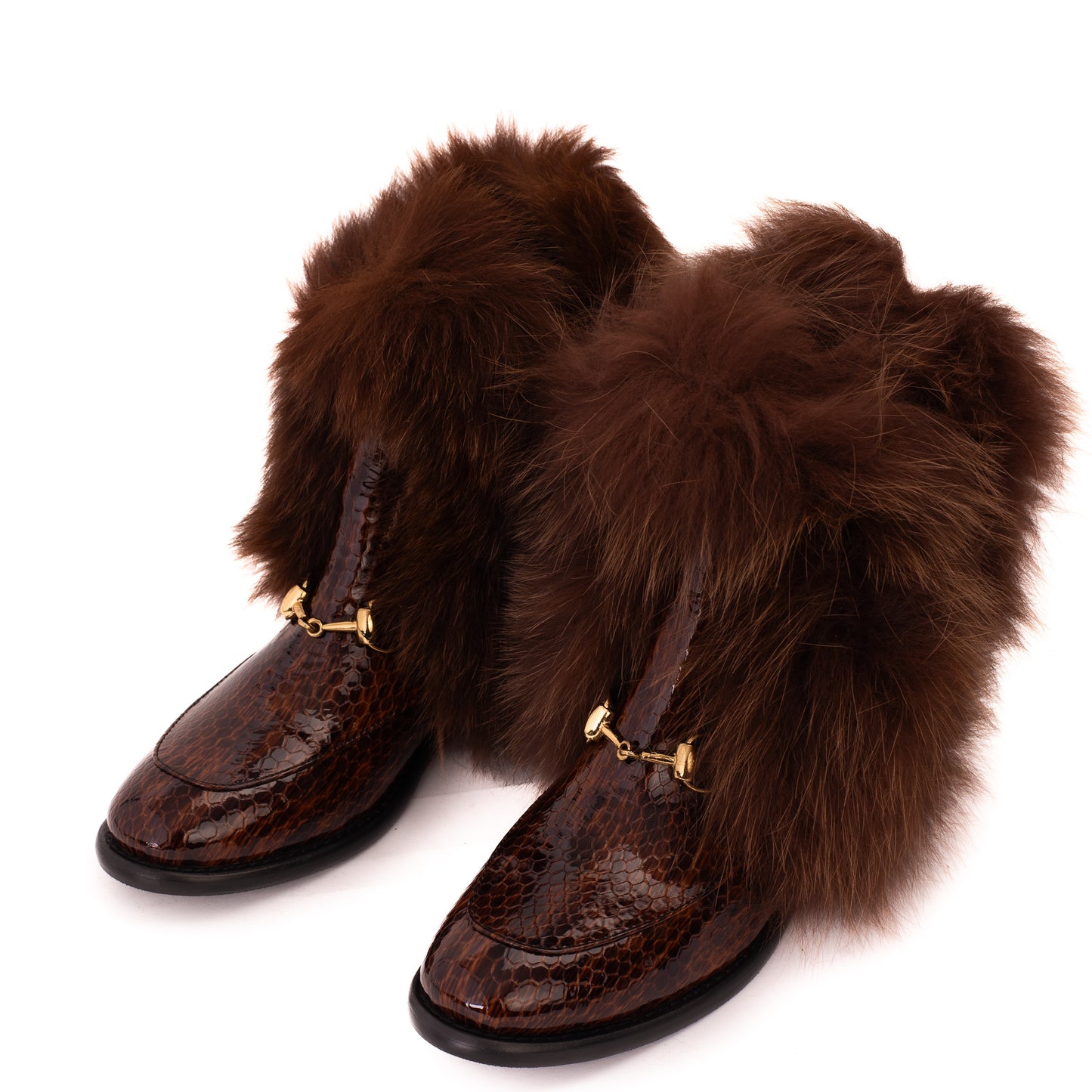 The Izmir Brown Patent Leather Natural Fur Mid Calf Women Boot