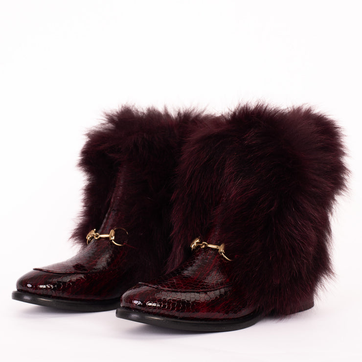 The Izmir Burgundy Patent Leather Natural Fur Mid Calf Boot
