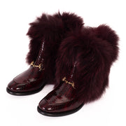 The Izmir Burgundy Patent Leather Natural Fur Mid Calf Boot