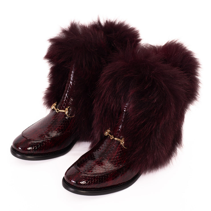 The Izmir Burgundy Patent Leather Natural Fur Mid Calf Boot