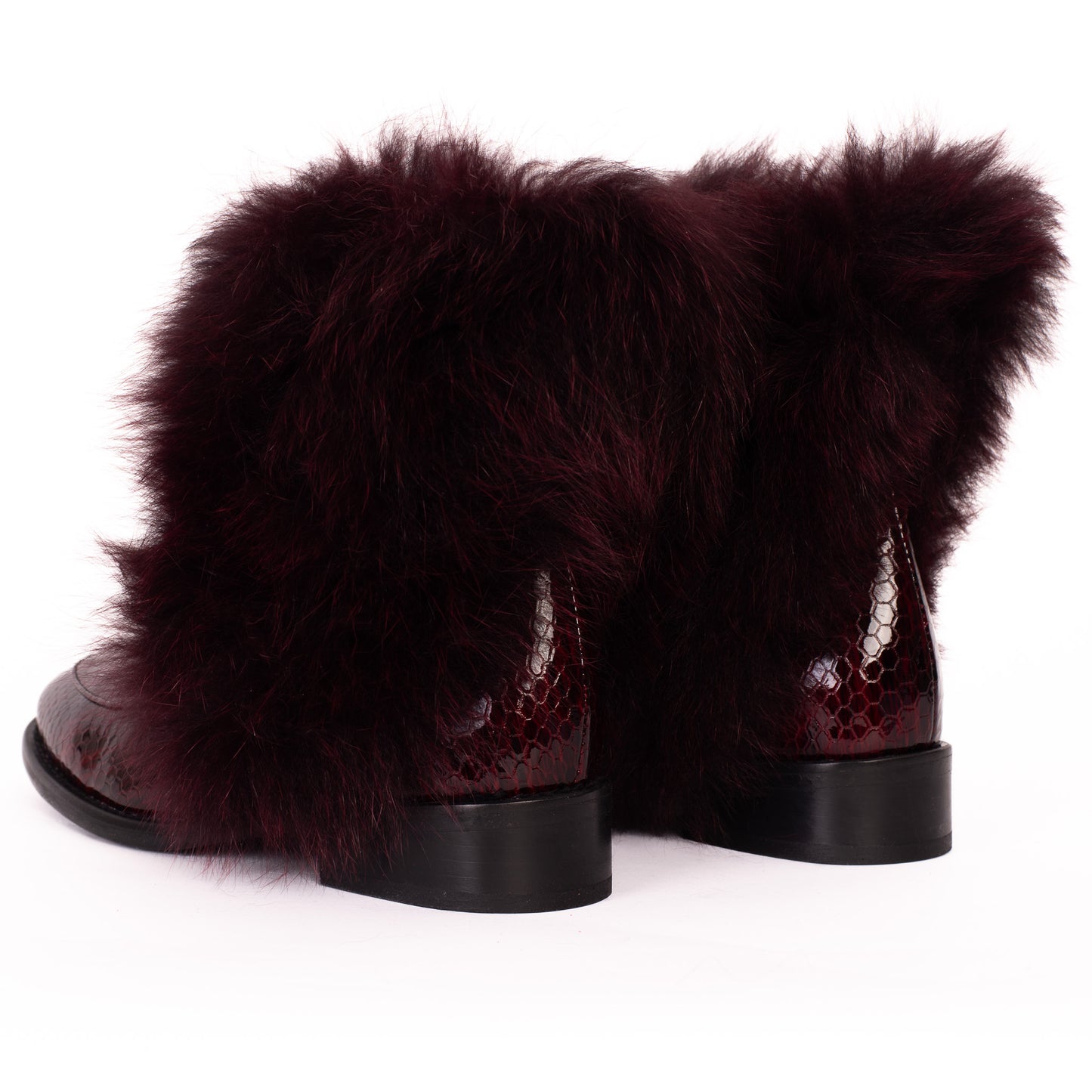 The Izmir Burgundy Patent Leather Natural Fur Mid Calf Women Boot