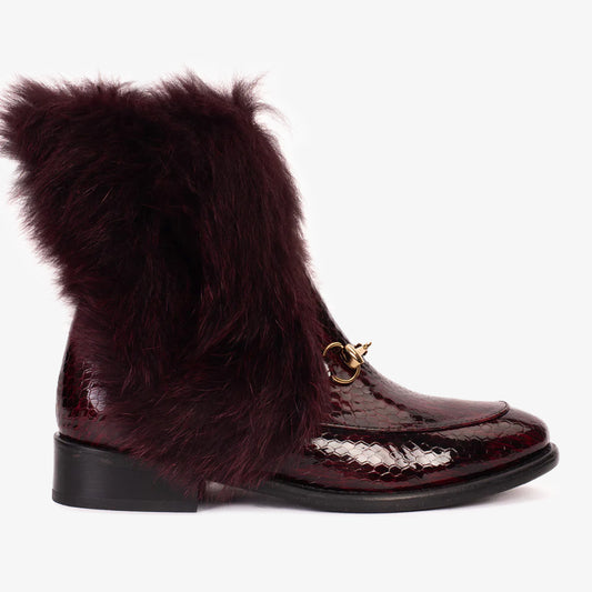 The Izmir Burgundy Patent Leather Natural Fur Mid Calf Women Boot