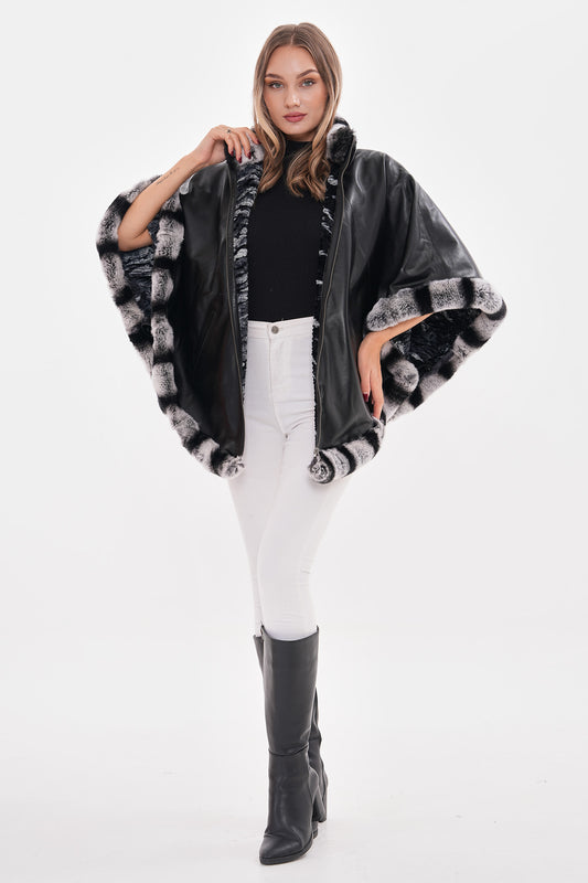 The Glacier Black Reversible Leather Women Cape