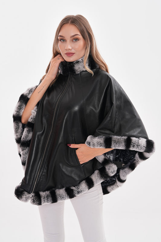 سترة نسائية جلدية قابلة للعكس باللون الأسود جليدي