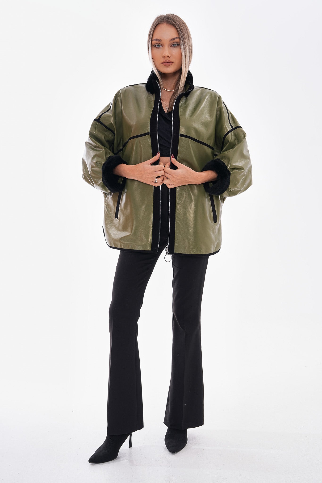 The Rebel Reversible Shearling Olive Green Leather Women Jacket