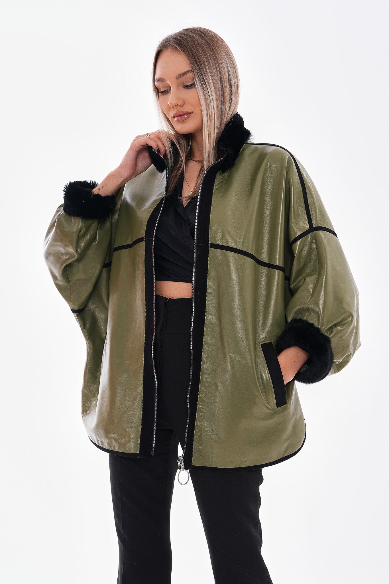 The Rebel Reversible Shearling Olive Green Leather Women Jacket
